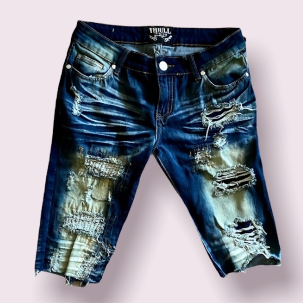 Thrill Distressed Cutoff Long Shorts